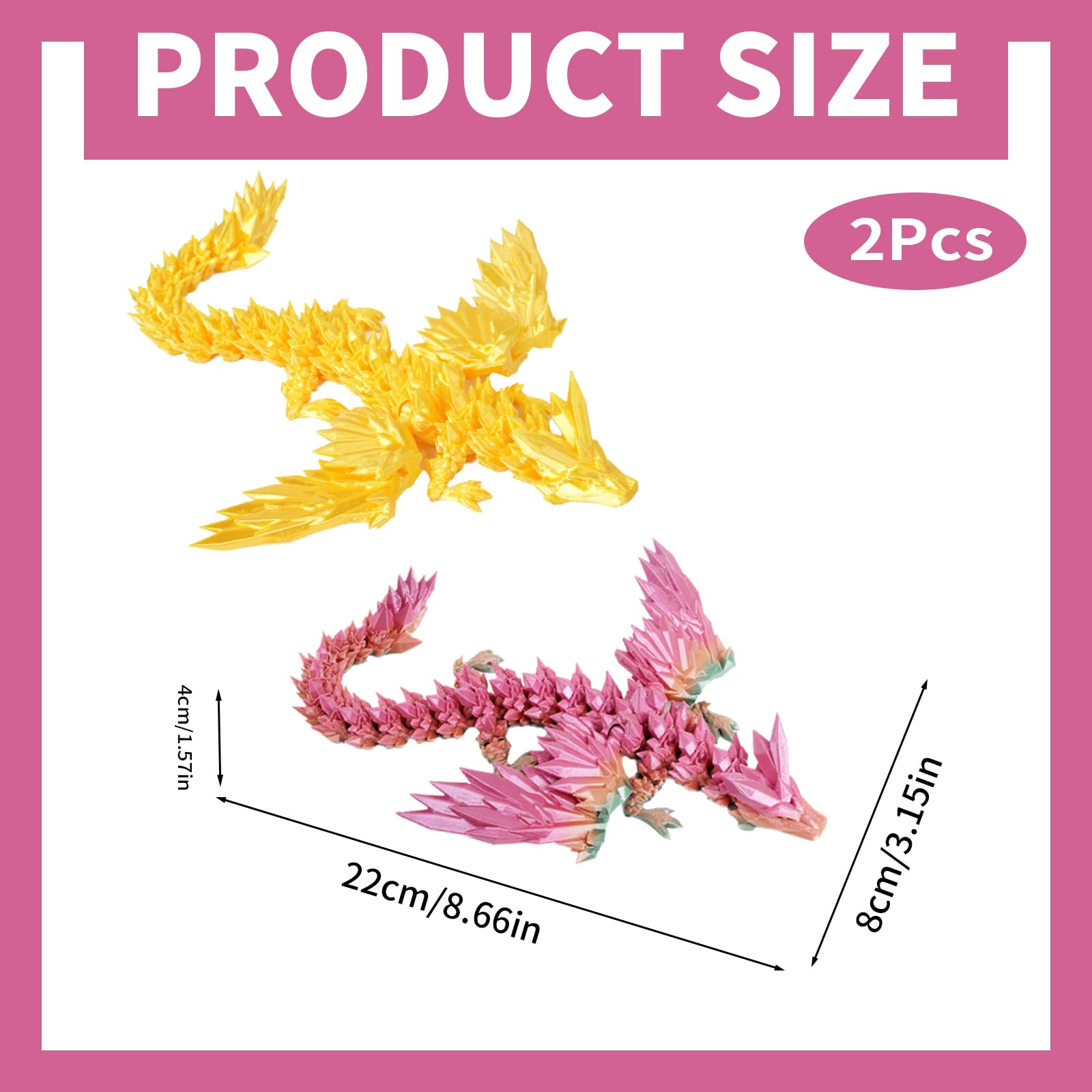 Valicaer 2Pcs 3D Printed Dragon,Glowing at Night Unique Fantasy Dragon Decor Collectible Toy Gift for Kids and Adults Ideal for Christmas Easter Birthdays and Holiday Decorations (Rainbow+Gold) - Image 2