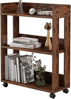 Mobile Bookshelf with Wheels 3 Tier, Wooden Small Bookcases for Small Spaces, Narrow Book Shelf Organizer for Bedroom, Living Room, Home Office, Brown