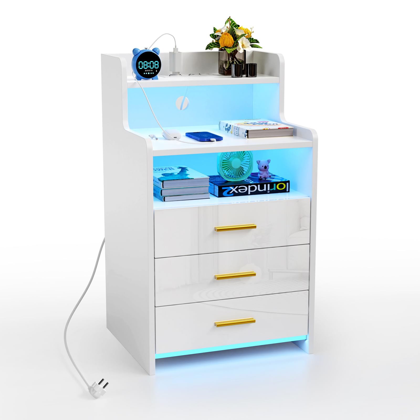 Mesita de Noche Blanca con luz LED - Mesa Auxiliar con Base de Carga, 3 cajón de Almacenamiento, Mesita de Noche para Dormitorio, Salón, 2 Puertos USB, 2 enchufes, Compartimento Abierto 45x40x76 cm