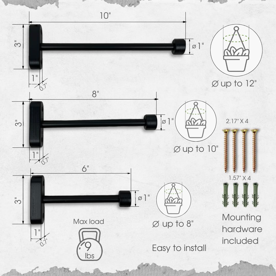 EvenWood 2-teiliges Set schwarzer Pflanzenwandhaken - Stabiler Pflanzenwandhänger für Töpfe, Windspiele, Blumenhalterungen - Halterung Pflanzenaufhänger/Haken für Innen- und Außendekorationen (20,3