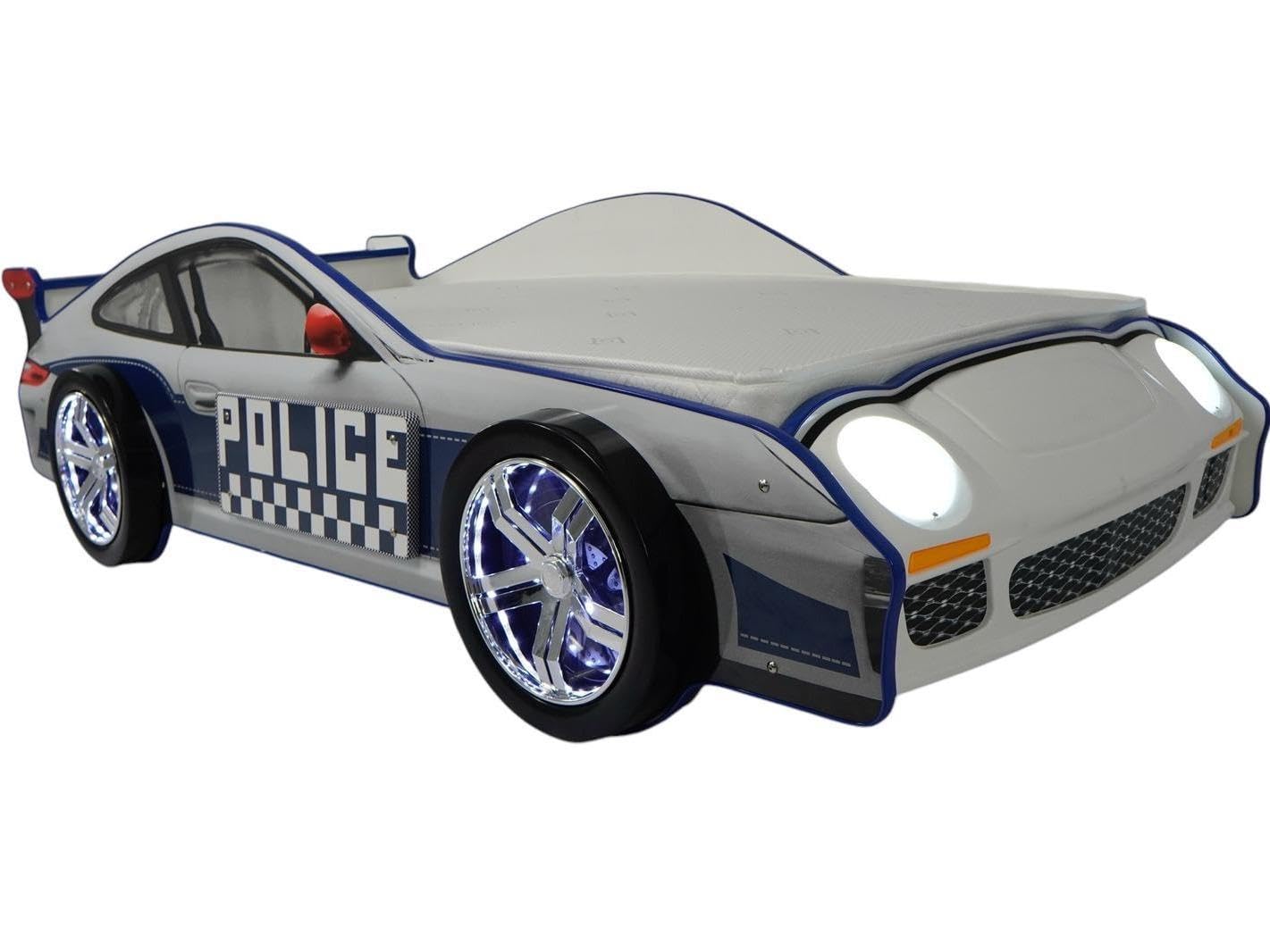 Police Car Bed for Kids White Blue LED Lights