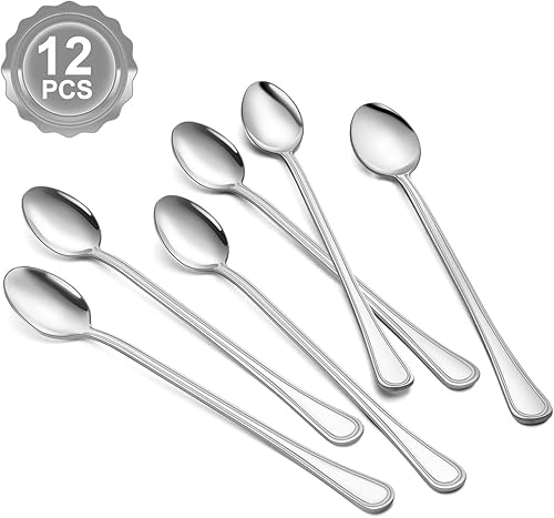 BEWOS Cuchara larga de 12 piezas, cucharas de té helado de 8.2 pulgadas, cucharas de acero inoxidable, cucharas de café, cucharas de helado,