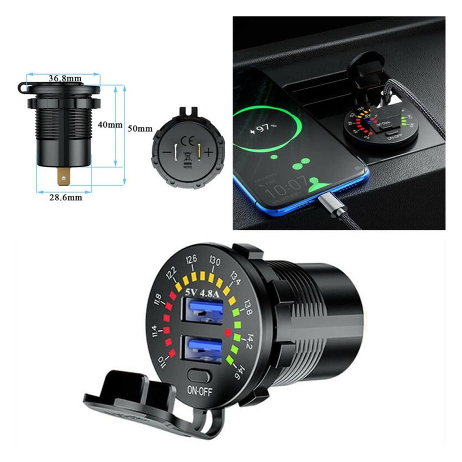 5V 4.8A Podwójny USB z wyświetlaczem woltomierza LED Ładowarka samochodowa do telefonu komórkowego Adapter Narzędzia zapalniczka