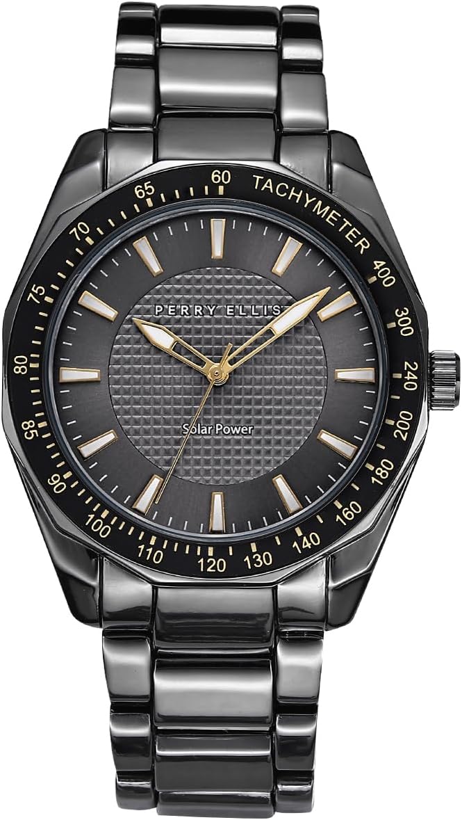 Perry Ellis Solar Men’s Watch – Round Gunmetal Dial and Alloy Band, Water-Resistant Analog
