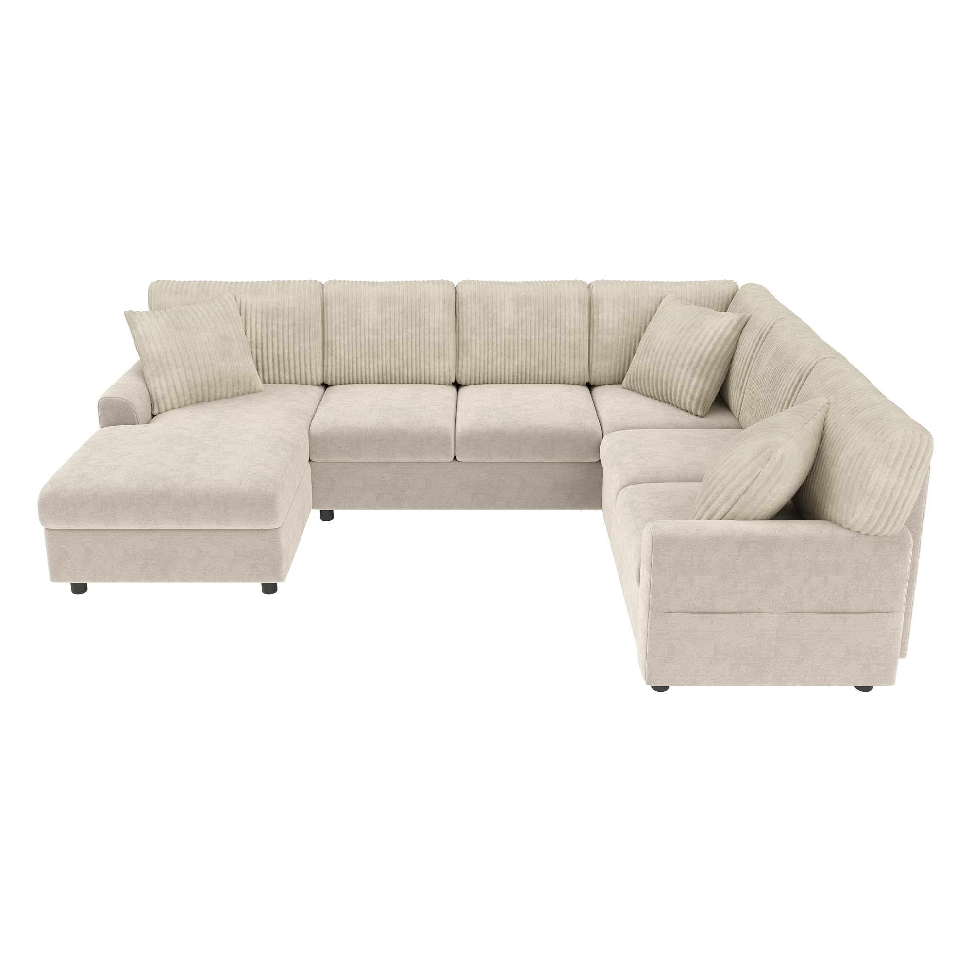 Sofá esquinero moderno en forma de U con 1 chaise longue, 3 cojines, color beige, 249 x 83 x 196 cm, reposabrazos laterales con bolsillos para revistas
