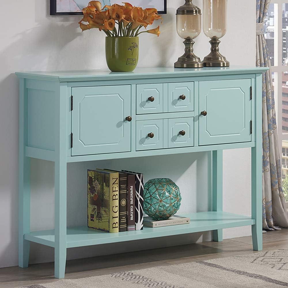 Retro Style Console Table Sideboard Cabinet Buffet Table Console Table Dining Server with Drawers Storage Cabinet Open Shelf for Hallway, Foyer, Furniture, Aqua Smoke