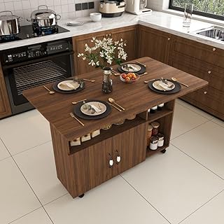 Folding Dining Table with Wheels, Drop Leaf Dinner Table with 2-Layer St...