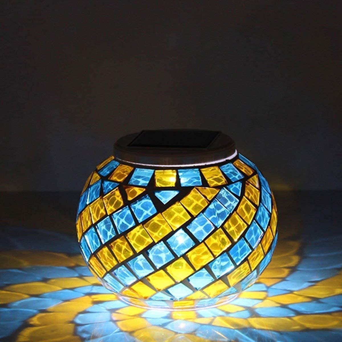 Solar Outdoor Table Lamp, Solar Powered Mosaic Glass Ball Garden Lights Waterproof Color Changing Mood Night Lights for Garden (Yellow/Blue)