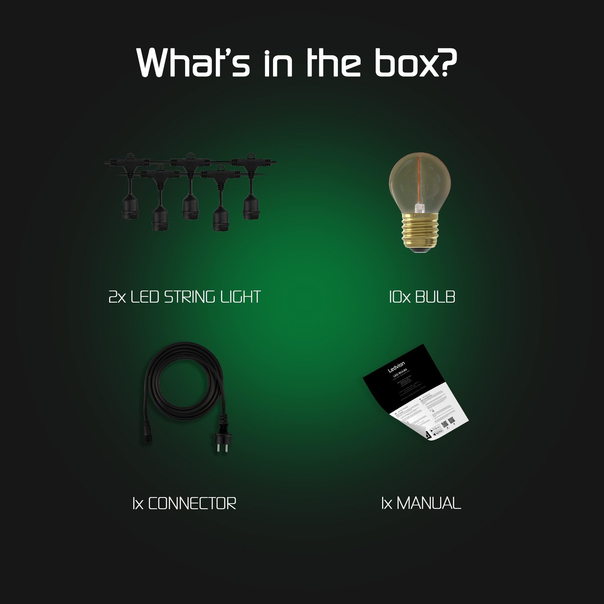 Ledvion - Guirnalda LED, 10M, Incluye 10x E27 LED Dorado, 1W, 2100K, Incluye 10 Bombillas Filamento Dorado LED, IP65