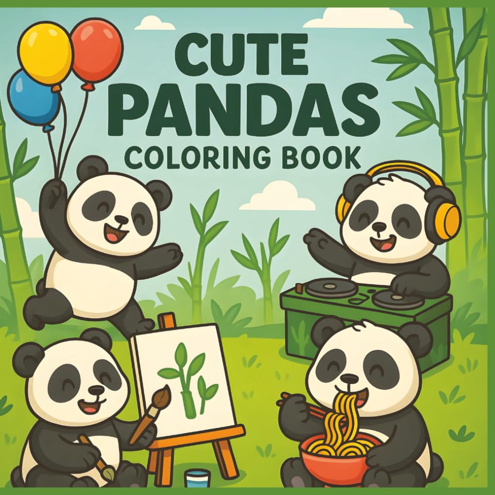 Cute Pandas Coloring Book: 50 Adorable and Funny Panda Scenes for Kids to Color, Laugh, and Relax