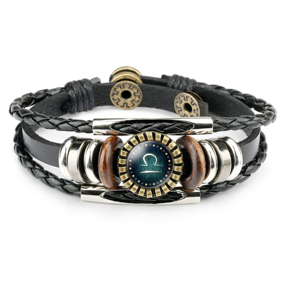 FRER Bracciale Uomo Pelle Segno Zodiacale Bracciale in Pelle Intrecciata/ Bracciali A Lunghezza Regolabile/Bracciale in Pelle Pesci Neri/Gioielli con Charm per Regalo Donna Uomo