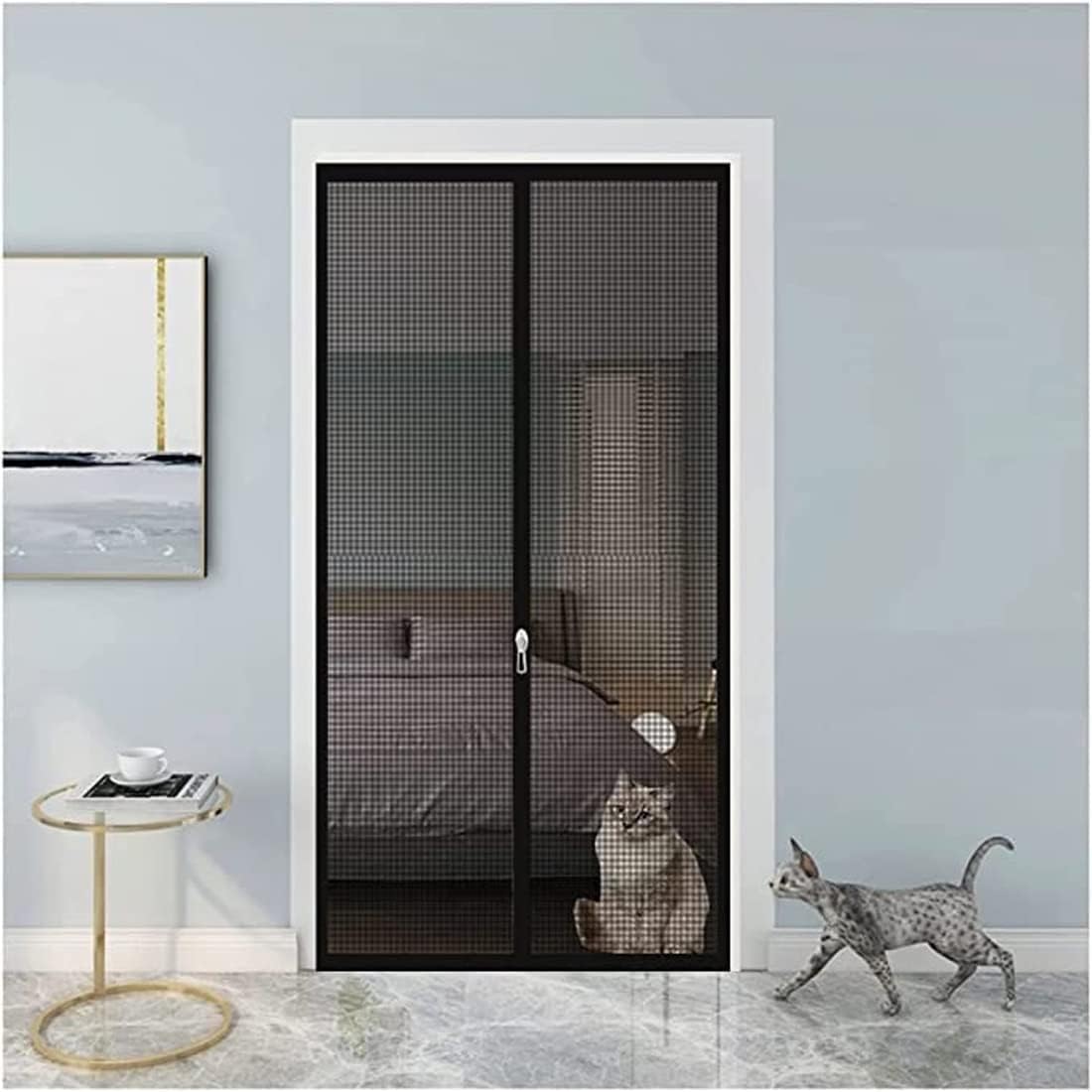 Puerta de malla para mascotas, barrera para gatos y perros con cerradura de 2 vías, tamaño ajustable (90 x 210 cm), red negra para mascotas, fácil instalación en interiores y exteriores