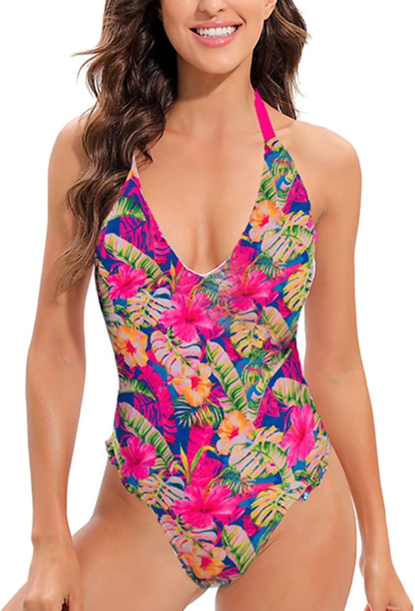 Women's One Piece Swimsuit Printed Ruffle V-Neck Ladies Bathing Suit with Adjustable Swim Skirt Beach Dress