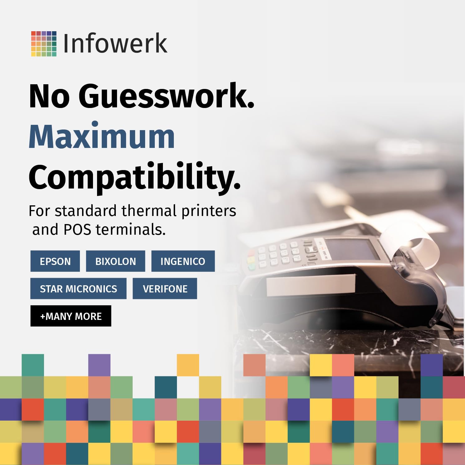 Nowość: Infowerk rolki termiczne/rolki kasowe, 100 rolek, 57 mm x 50 mm x 12 mm, 32 m, certyfikat PEFC, certyfikat środowiskowy, do EPSON, IBM i wielu innych.