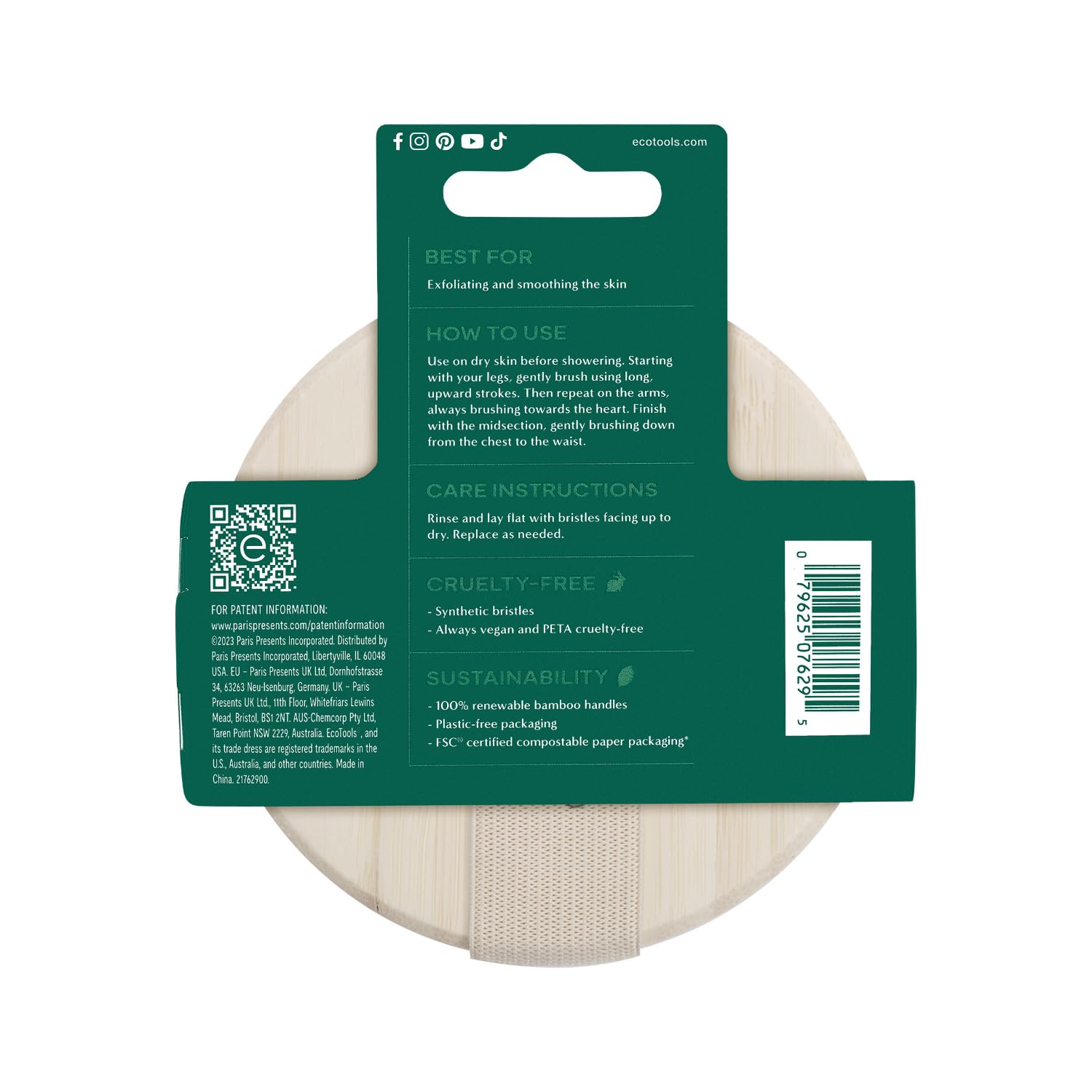 EcoTools Dry Body Brush, Cruelty-Free Bristles Exfoliate & Smooth Skin, Dry Brushing Removes Flaky Skin, May Help Improve Circulation & Tone, Eco-Friendly Skincare Tool, Vegan & Cruelty-Free, 1 Count