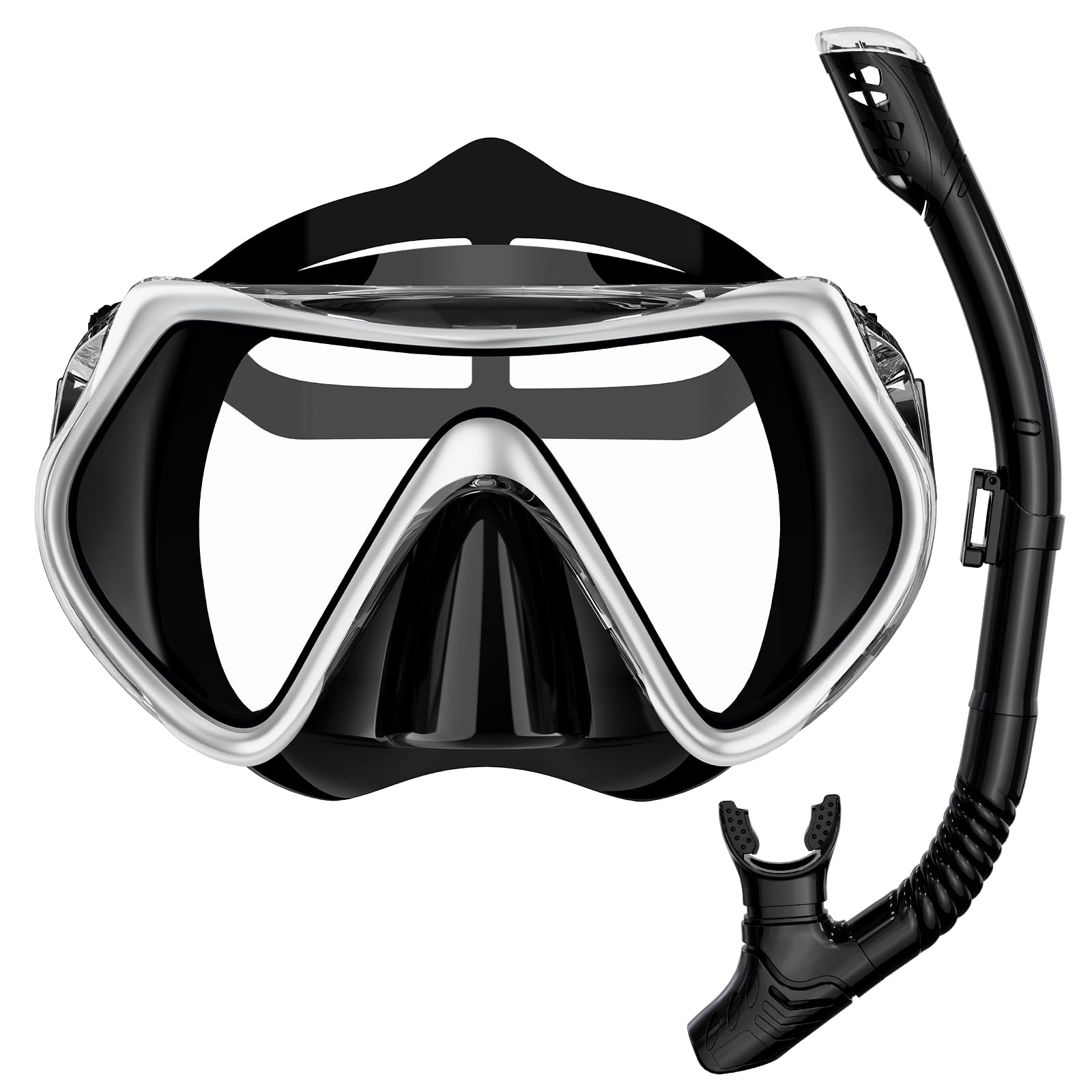 BuyCard Snorkel Mask,180 Degree Panoramic View Dry Top Snorkeling Gear，Safe Anti-Leak Anti-Fog Diving Mask, Snorkel Set and Swimming Goggles (Silver, (Adults))
