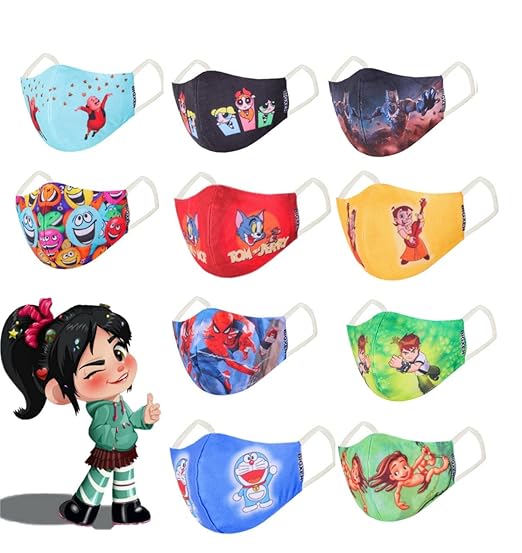 BIGXEN 3 Layer Cotton Reusable & Washable Digital Cartoon Printed 3D Face Mask (Without Valve, Pack of 10) for 3 to 8-9 Year Old Kids, Boys & Girls, Children