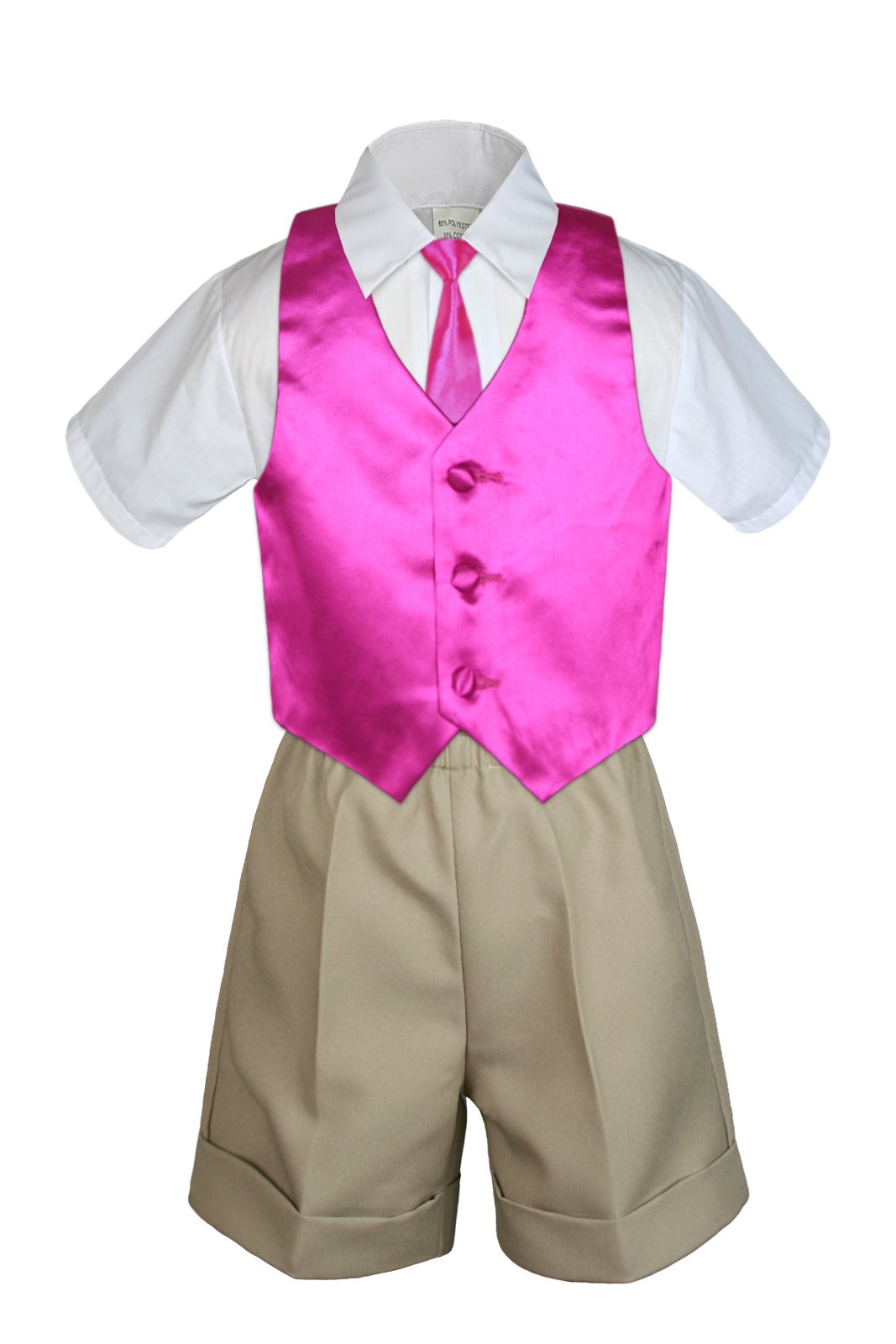 MILLTEX 4 Pieces Set Formal Party Wedding Color Satin Vest & Necktie Shirt Khaki Shorts Set New Born Baby Boy Toddler Sm-4T (M (6-12 Months Old), Fuchsia)