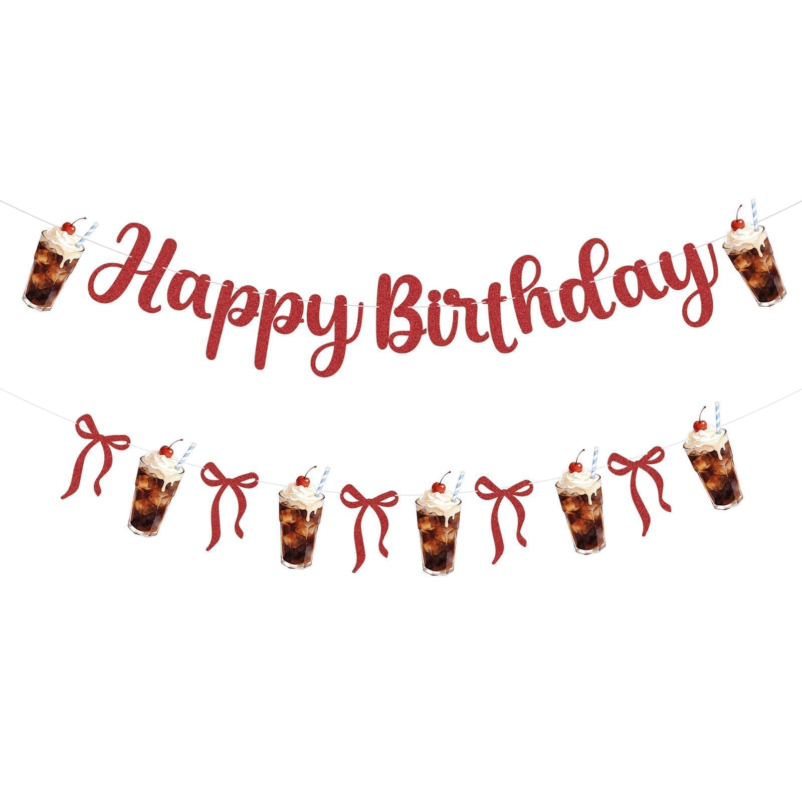 2Pcs Soda Happy Birthday Banner - Dirty Soda Bar Sign Supplies For Birthday Theme Party Decorations, Red Glitter Pop Hanging Garland With Cups Straws For Birthdays