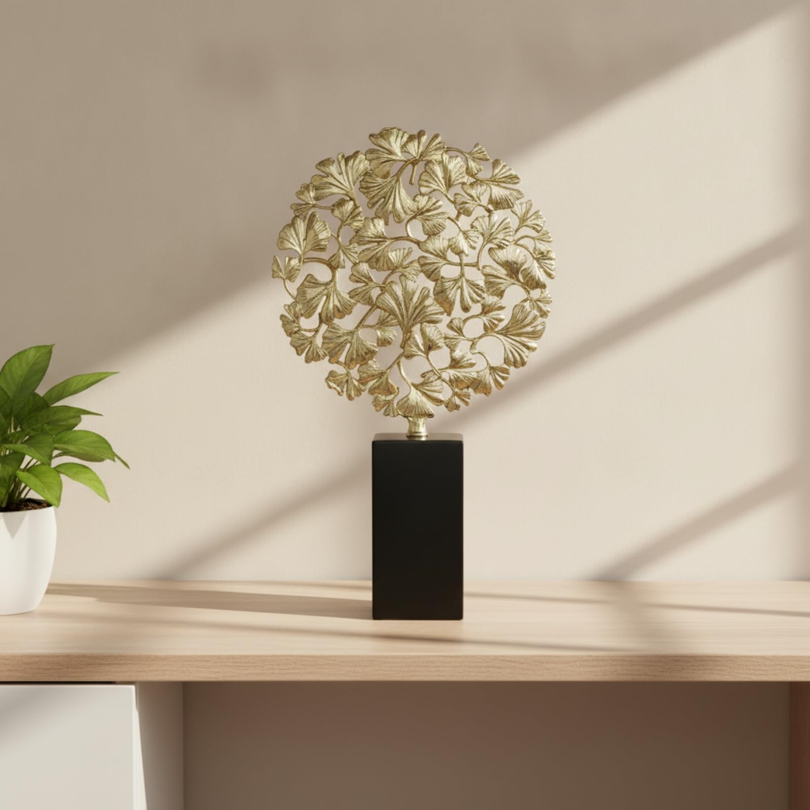 Figura Hojas Ginkgo Dorado Adorno con Base Brillante Estatua Hoja para Salón, Recibidor, Comedor, Estilo Ginkgo Grande