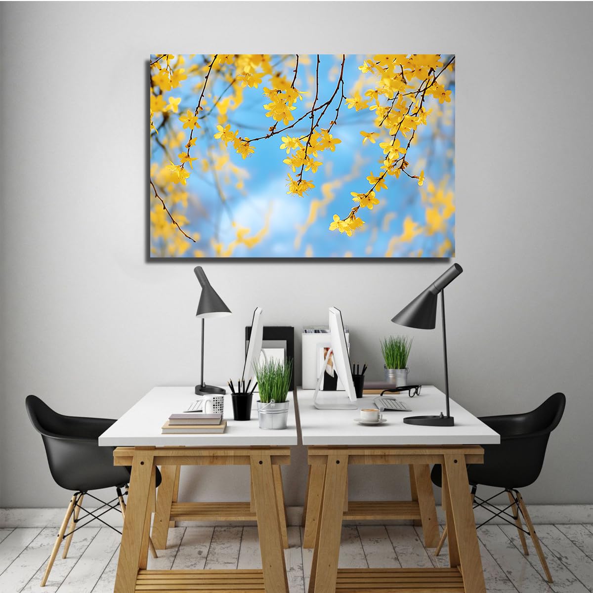 Lienzo Sin Marco Floral Amarillo, Pintura Botánica Rama de Árbol de Primavera Romántica para Comedor Salón 70x105cm