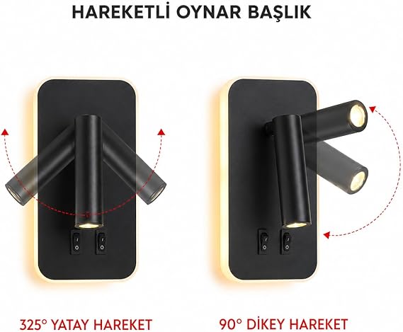 Tuvalu Siyah LED Duvar Apliği | 13W | 3200K Gün Işığı | Çift Anahtarlı – Çift Kademe Yanma | 930 Lümen | 220V | Yatak Başı Okuma Apliği | IP20 | 10x18x3 cm Modern Minimal İç Mekân Aydınlatma [Enerji Sınıfı G]