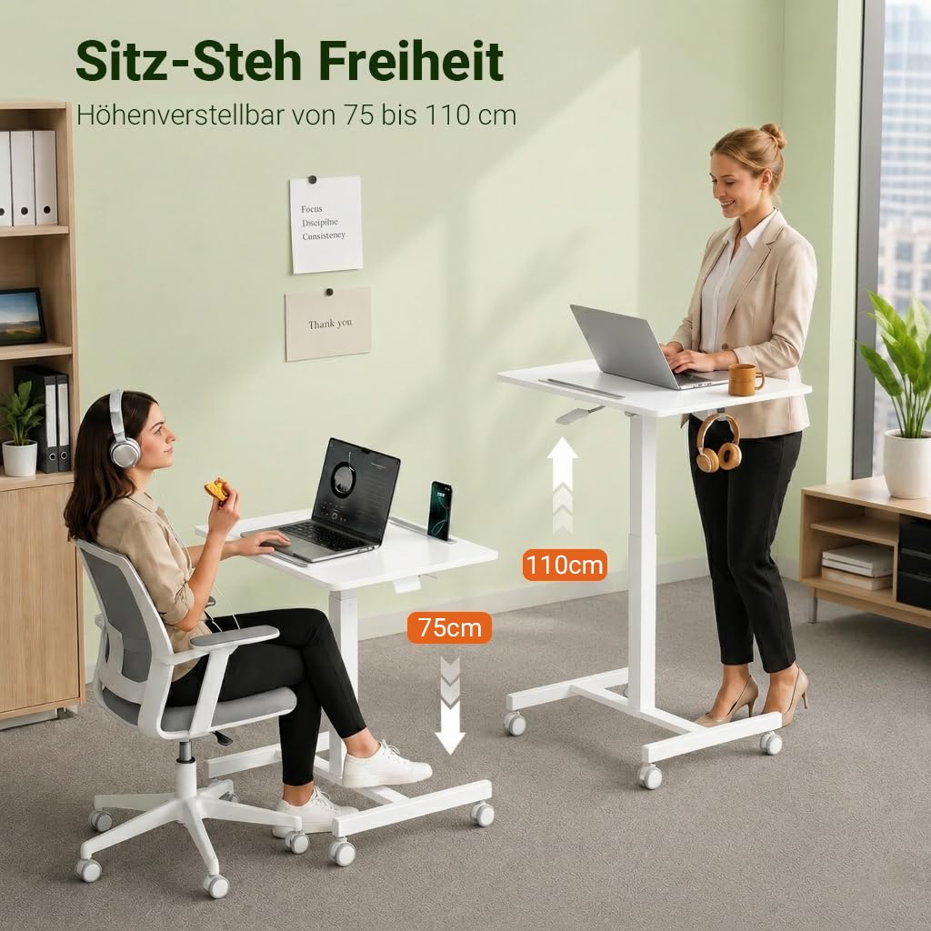 Höhenverstellbarer mobiler Beistelltisch mit Rollen60×52cmTischplatte 90° neigbar,geeignet als Kleiner Computertisch für Wohnzimmer und SchlafzimmerSofatischKrankenpflege-Beistel (Weiß)