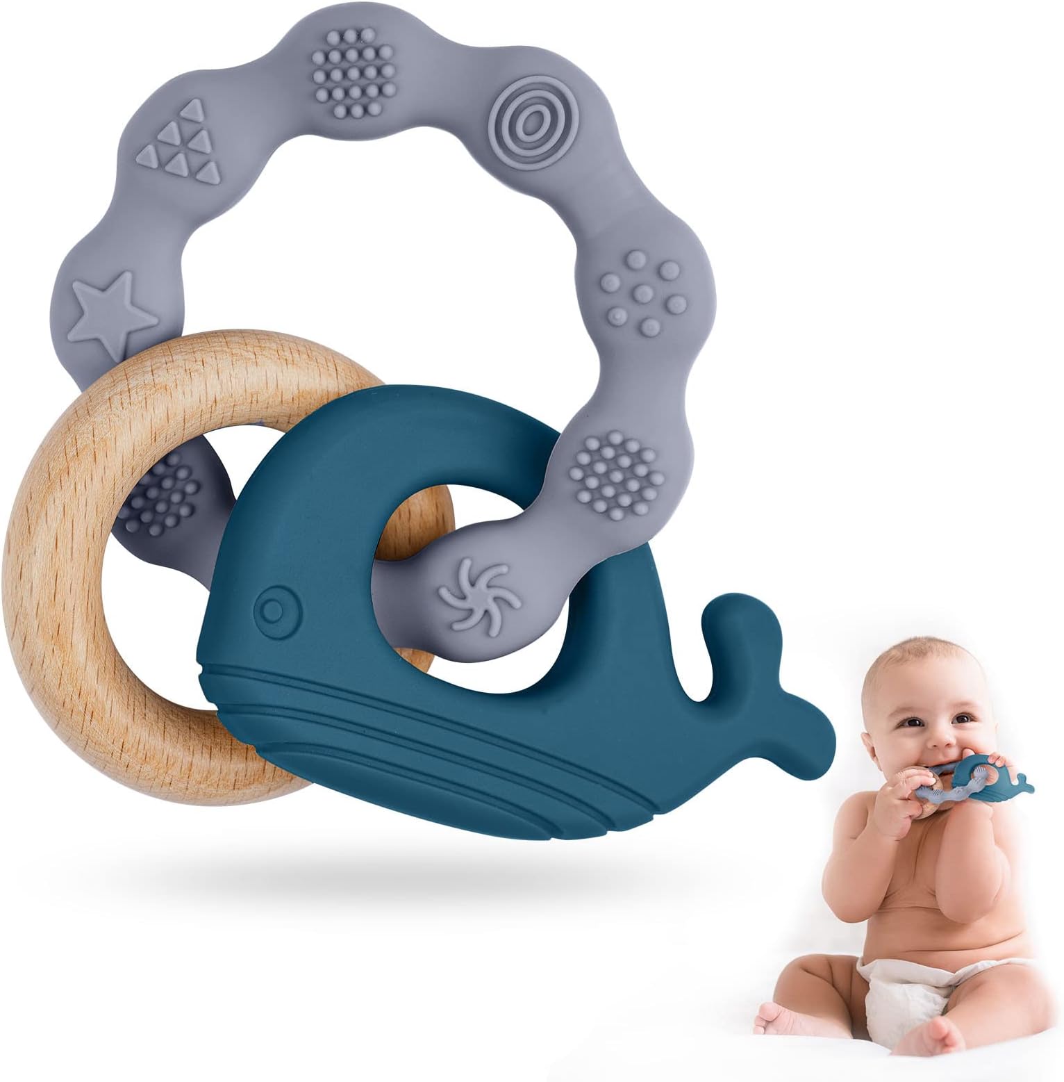 Vicloon Baby Teether Toys, Silicone & Natural Wood Teether Ring, Baby Teething Toys for Babies 3 Months+, Silicone Chewable Rings for Newborn Gift（Blue）