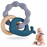 Baby Teether Toys, Silicone & Natural Wood Teether Ring, Baby Teething Toys for Babies 3 Months+, Silicone Chewable Rings for Newborn Gift（Blue）