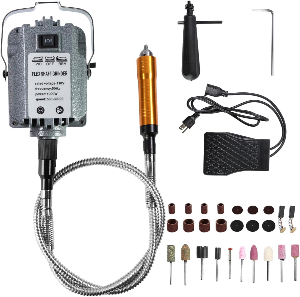 1000W 30000RPM Electric Flex Shaft Rotary Tool with Foot Pedal Control, Multi-function Kit Flexible Shaft Carver for Metal Working, Wood Carving, Jewelry Making and Craft Projects