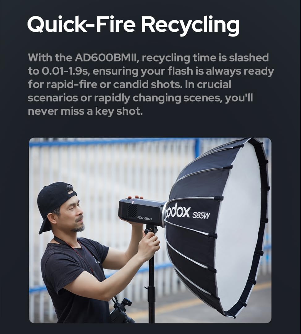 Godox AD600BM II Upgraded AD600BM 600Ws Bowens Mount Outdoor Flash Strobe with 1/8000s HSS &2.4G Wireless X System,40W Modeling Light,GN87,8940mAh Battery,500 Full Power Flashes,0.01~1.9s Recycle Time