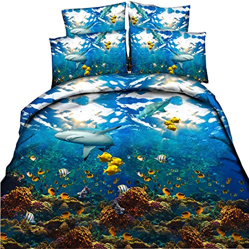 EsyDream Underwater World Animal Shark Bedding Sets 3/4PC,3D Ocean Shark Fish Kids Duvet Cover Sets Shark Ocean Fish with Coral Reef Boys Comforter Cover