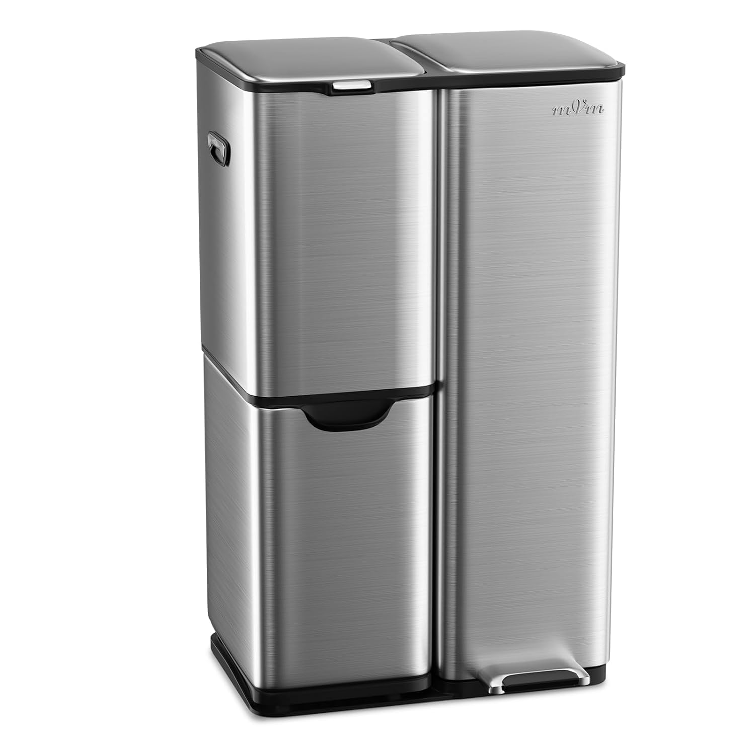 mVm Poubelle de Cuisine Triple,Poubelle de Tri,Corbeille à Pédale,3 Compartiments,60 Liter(13+17+30L) Déchets,Acier,Couvercles à Fermeture en Douceur,Pédales,Seaux Intérieurs