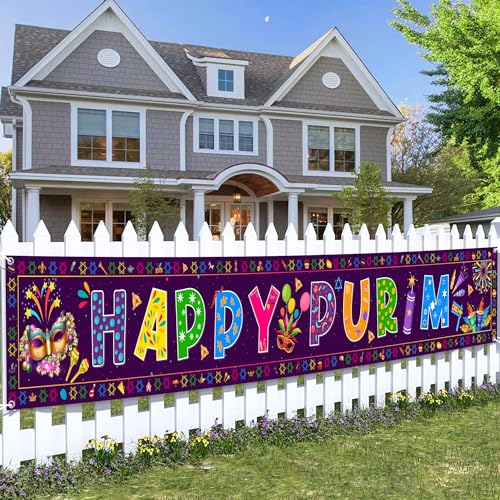 Happy Purim Decorations���[�h�o�i�[ - �v�����f�[���O���� �}�X�N�ƉԉΕt���A�����z���f�[�|�[�`�t�F���X�T�C�� ���_���l�̃J�[�j�o���p�[�e�B�[�p 14.57 x 107.87�C���`