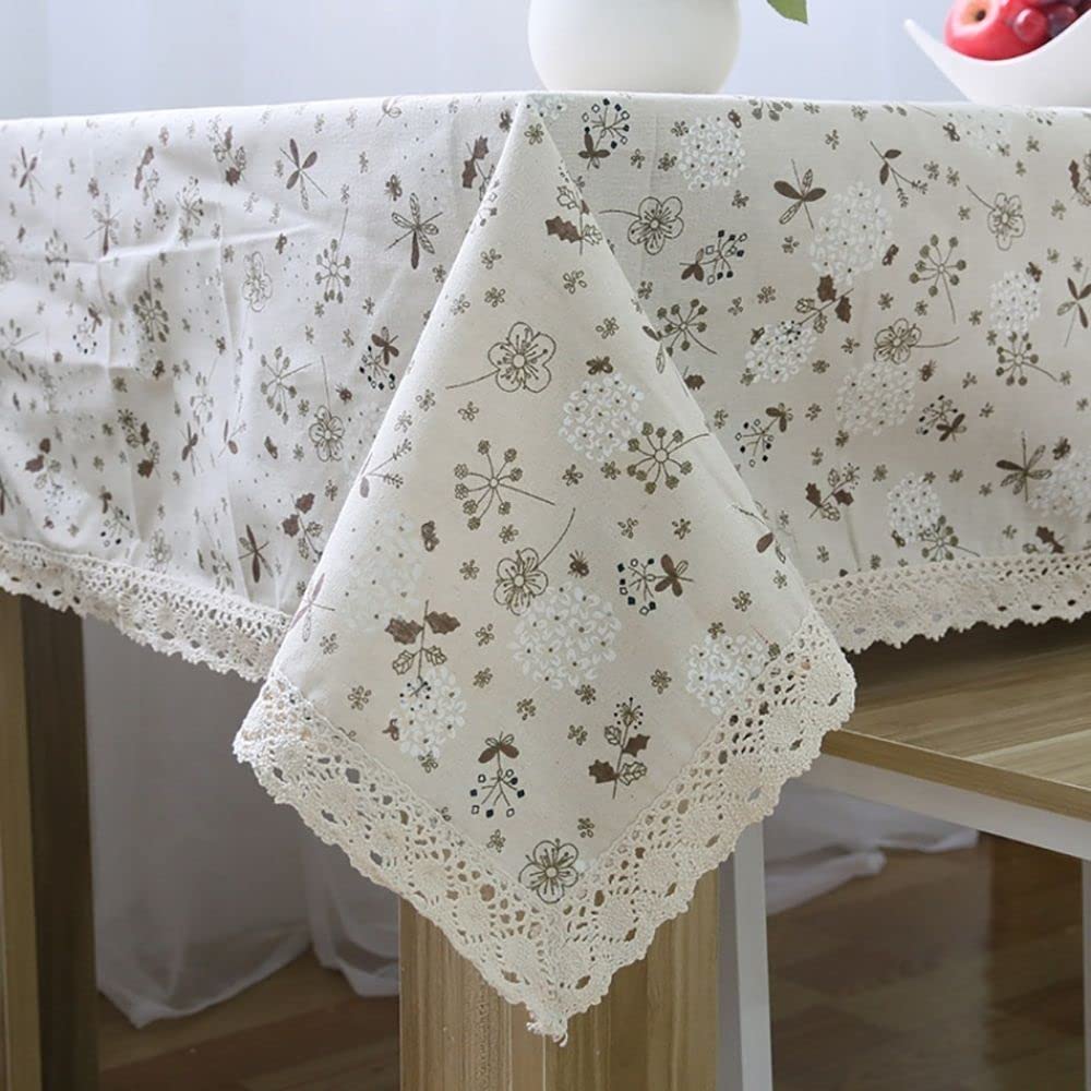 Nappe en lin français facile à nettoyer avec bordure en macramé motif pissenlit pour fête de mariage, salle à manger, banquet, tissu en coton naturel, 100 x 140 cm