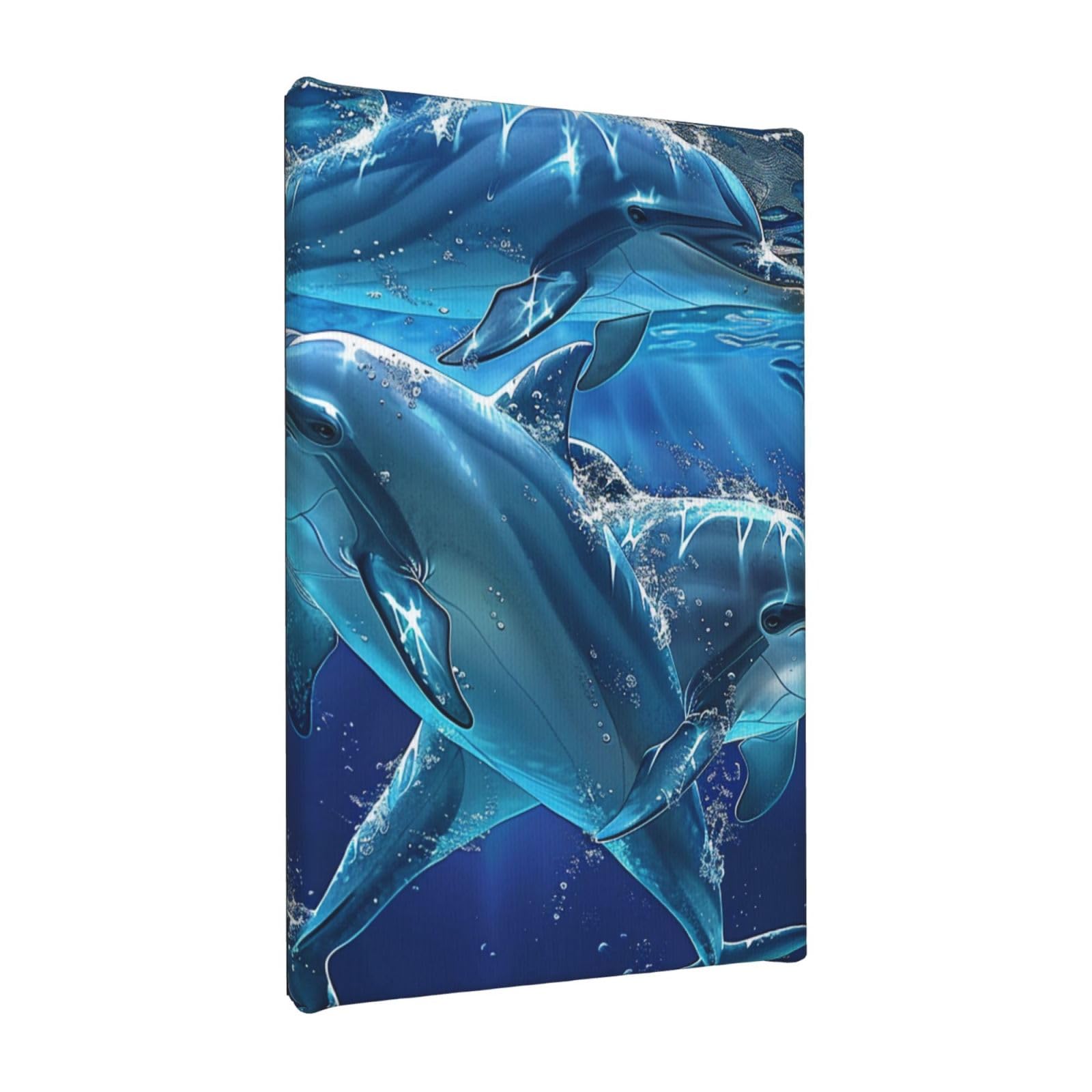 YKLJG Dolphins Printed Wall Art Canvas Painting 20x30 CM Wooden Framed Picture Painting Artwork Prints for Bedroom Kitchen Home Office Decor