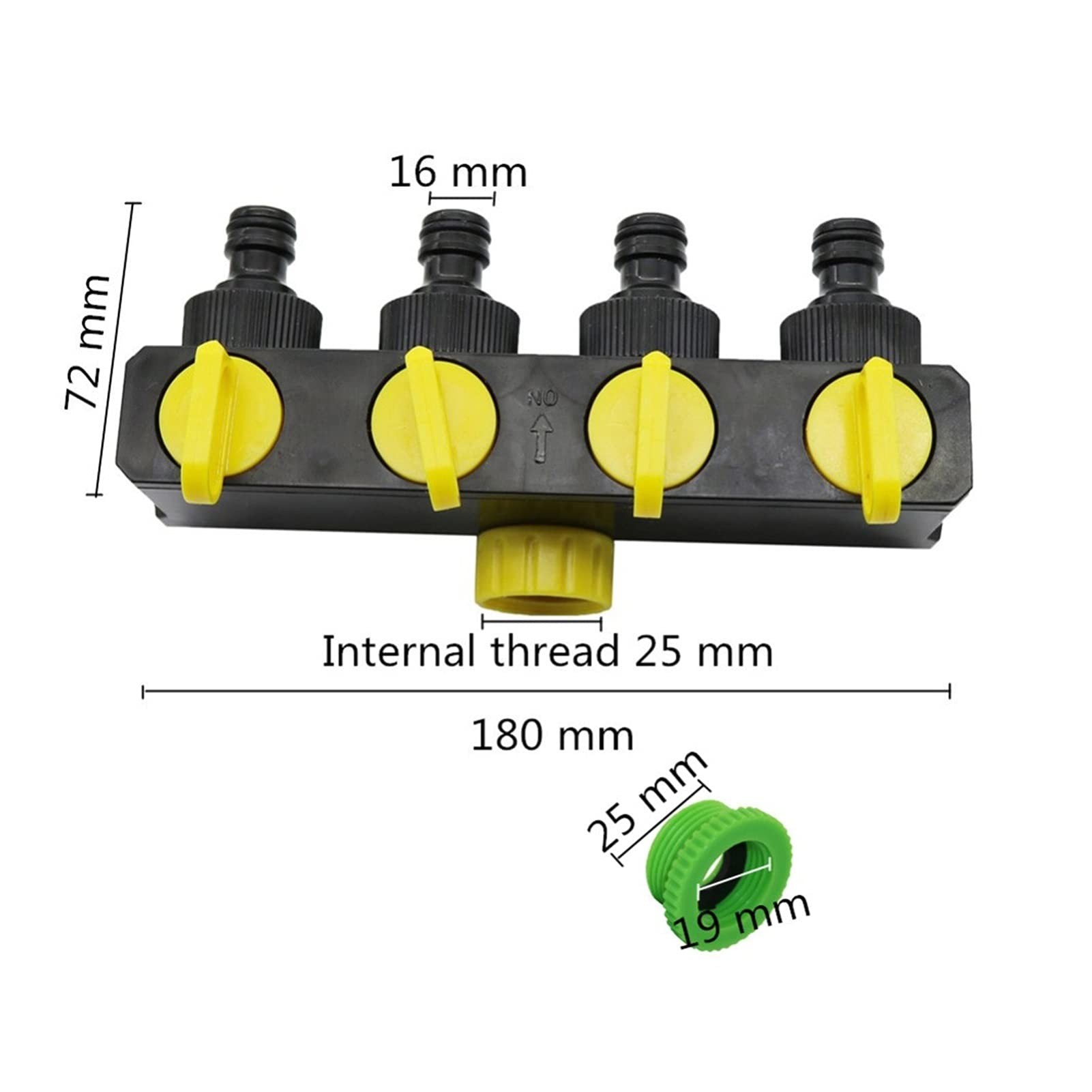 Grifo de jardín roscado europeo de 4 vías, roscas internas de 1/2 a 3/4 a 1 pulgada, fontanería de jardín duradera, amarillo, ideal para riego y riego eficientes