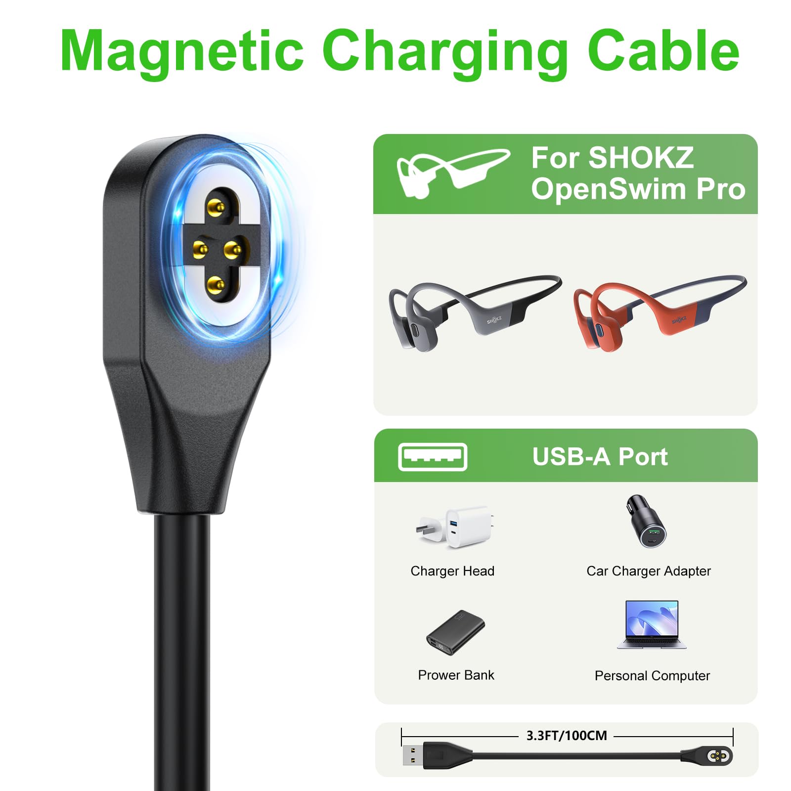Charging Cable for SHOKZ OpenSwim Pro S710 USB A Bone Conduction Charger | Open-Ear Headphones Magnetic USB A 4-Pin Charger Cord Cable for Shokz OpenSwim Pro S7102Pack 3.3ft product thumbnail 8