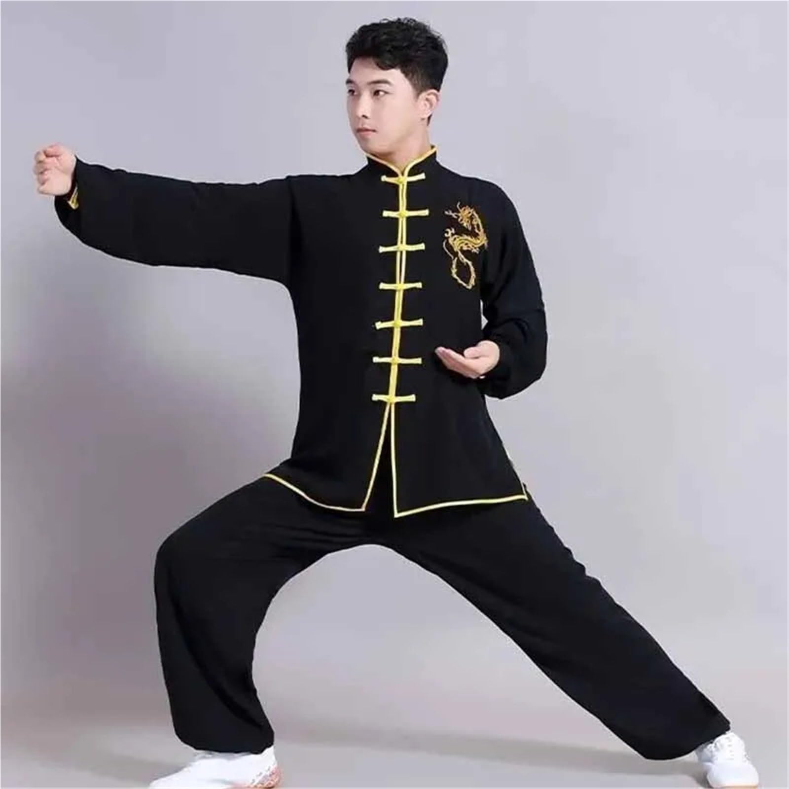 Trajes de Kung Fu, Uniforme de Ejercicio, Ropa de Tai Chi de Manga Larga de dragón, Taiji folclórico Tradicional, Deportes matutinos for Caminar al Aire Libre Tai Chi Traje(Black,M)