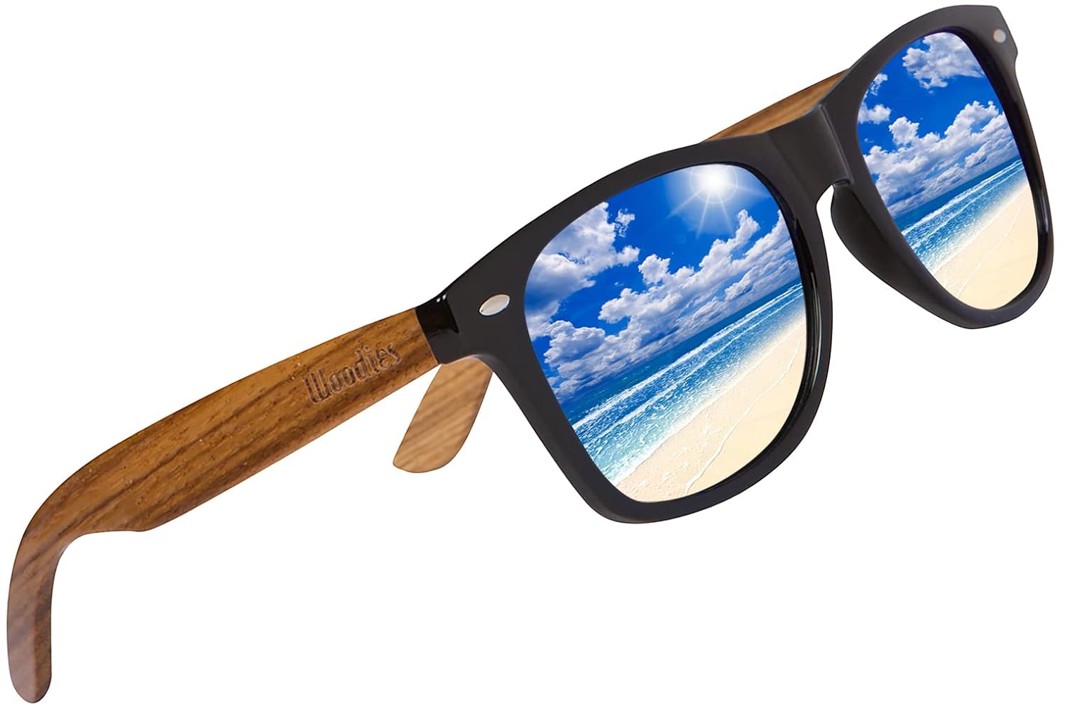 WOODIES Polarized Zebra Wood Sunglasses for Men and Women | Ice Blue Polarized Lenses and Real Wooden Frame | 100% UVA/UVB...