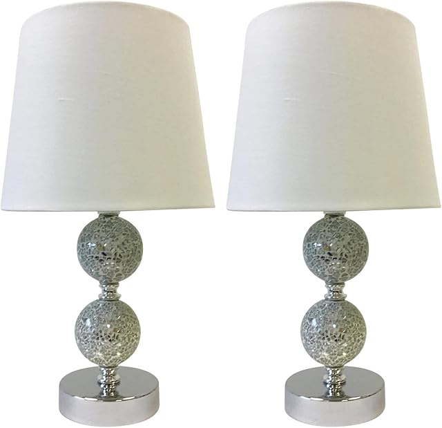 firstchoicelighting Pair of Modern Touch Operated Bedside Lights Mosaic 2 Ball Table Lamps White Fabric Shade LED Compatible Touch Control Light