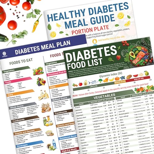 Diabetes Food List & Meal Planner, 3 Pieces Laminated Diabetes Food Low Carb Glycemic Index Wall Charts Book List Comprehensive Diet Food Guide for Diabetic