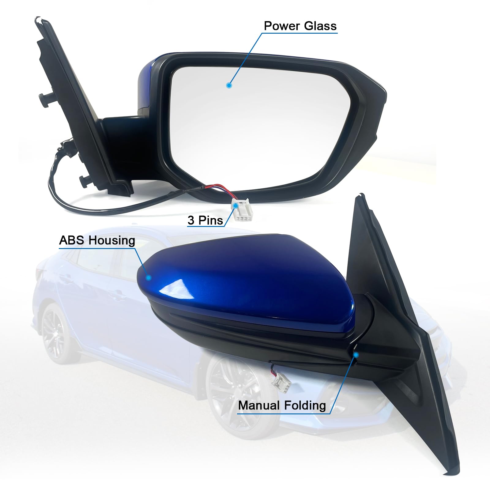 Passenger Side Mirror For Honda Civic 2016-2021 – Blue, 3-Pin, Manual Fold, Non-Heated