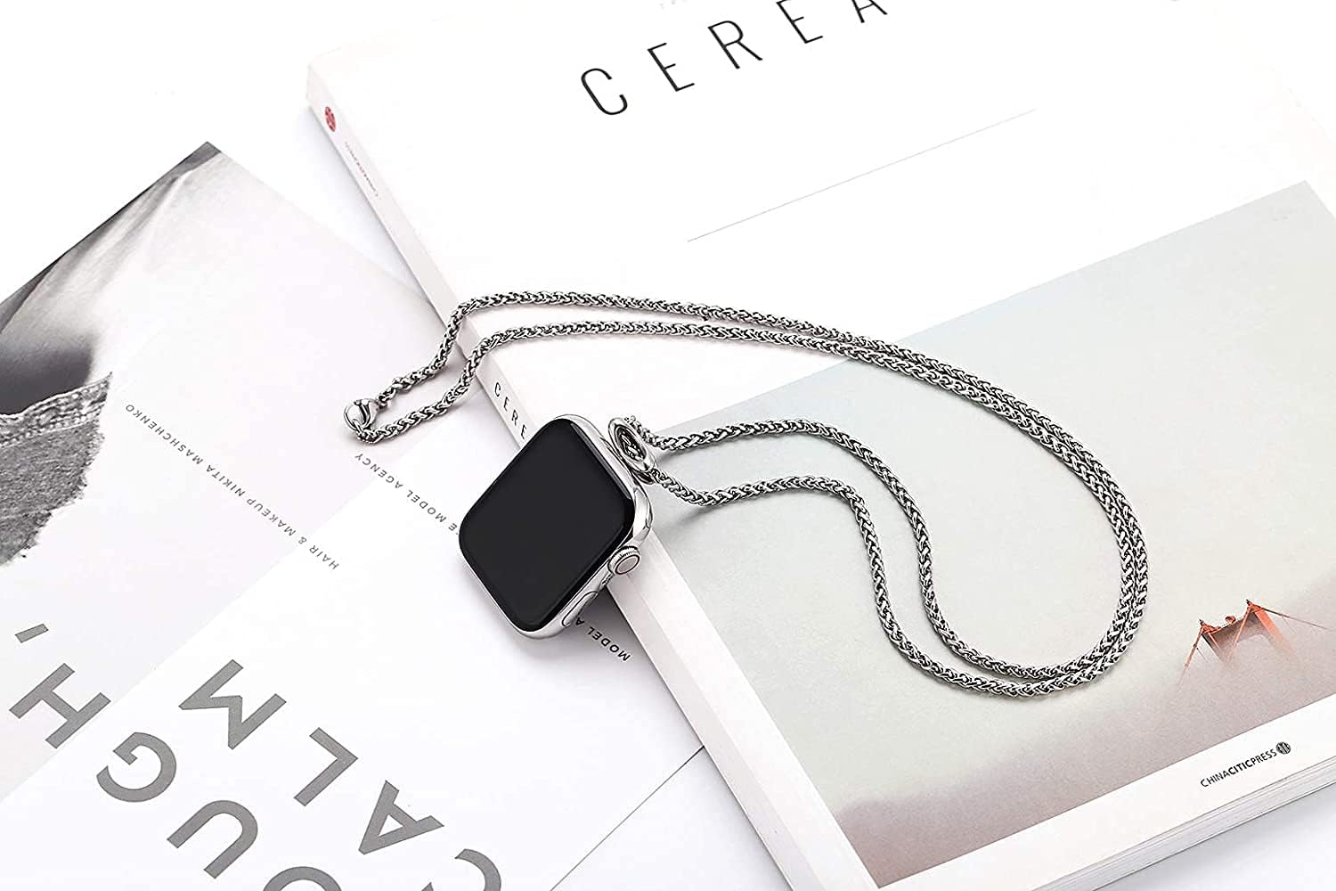 Necklace Adapter Pendant Compatible with Apple Watch, Infinity & Double Loop Connector Comes with 32inch Stainless Rollo Wheat Chain 3mm for iWatch Series 10/9/8/7/6/5/4/SE/Ultra 2/Ultra