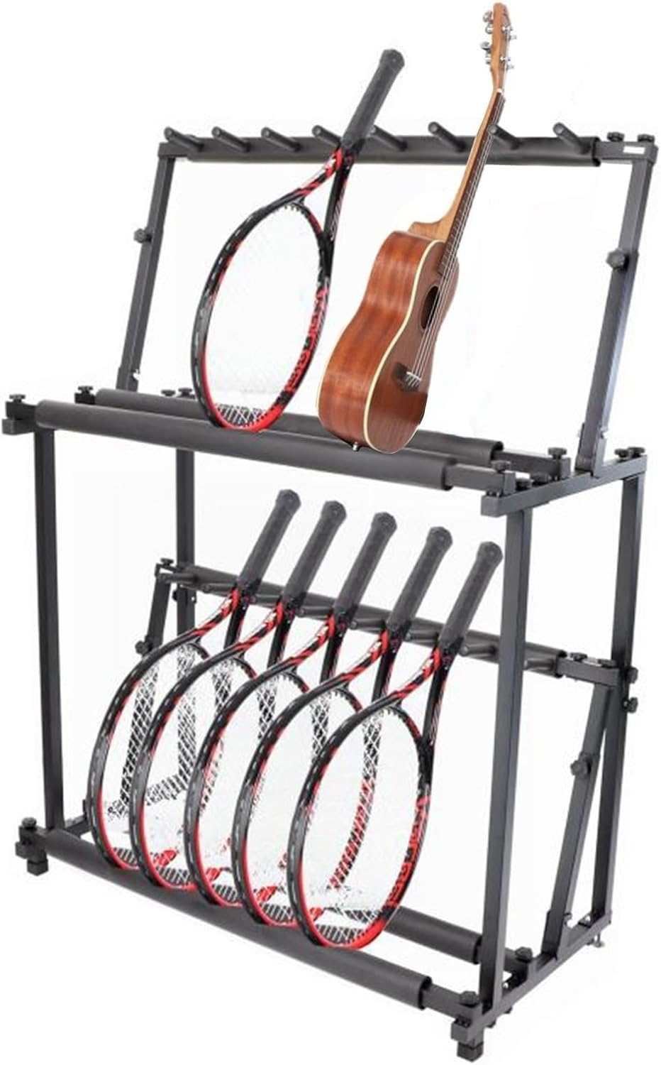 Heavy Duty Foldable 2-Tier Tennis Racket Stand - Steel Badminton & Table Tennis Storage Rack Holds 12 Rackets, Anti-Scratch Silicone Tubes for Durable Protection