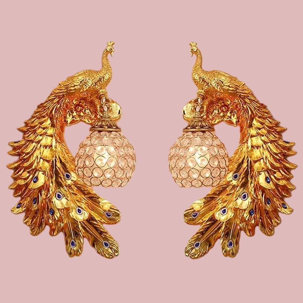 Wall Mounted Night Lamp with Resin Peacock (30x45x15 cm) Mounted Home Decor Item with Lamp | Decor Items for Living Room & Bedroom (Multi) (Gold)