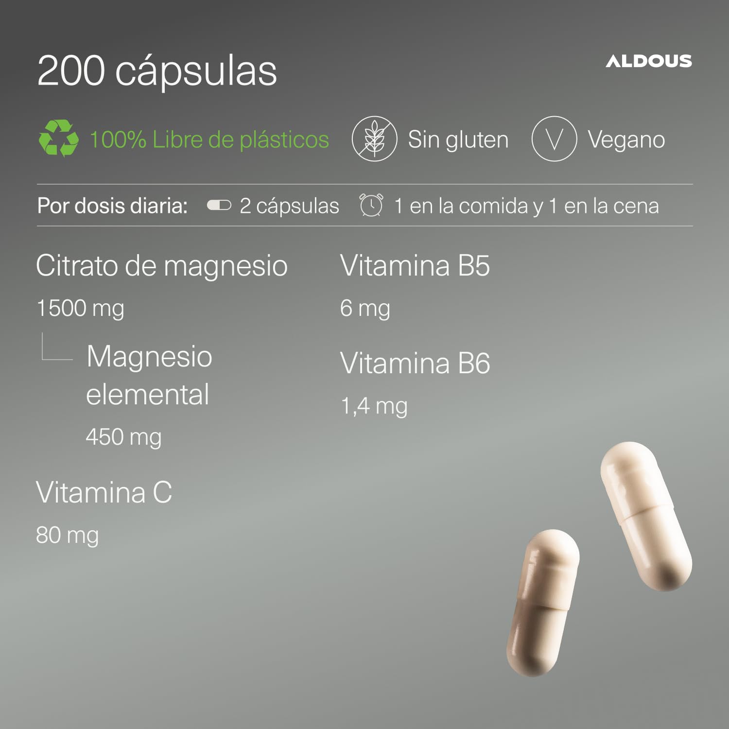 Citrato de Magnesio 1500 mg - 200 Cápsulas - Magnesio Puro 450mg + Vitamina C, B6, B5 Dosis Diaria - Alta Biodisponibilidad - Vitaminas para el Cansancio y Fatiga - ALDOUS
