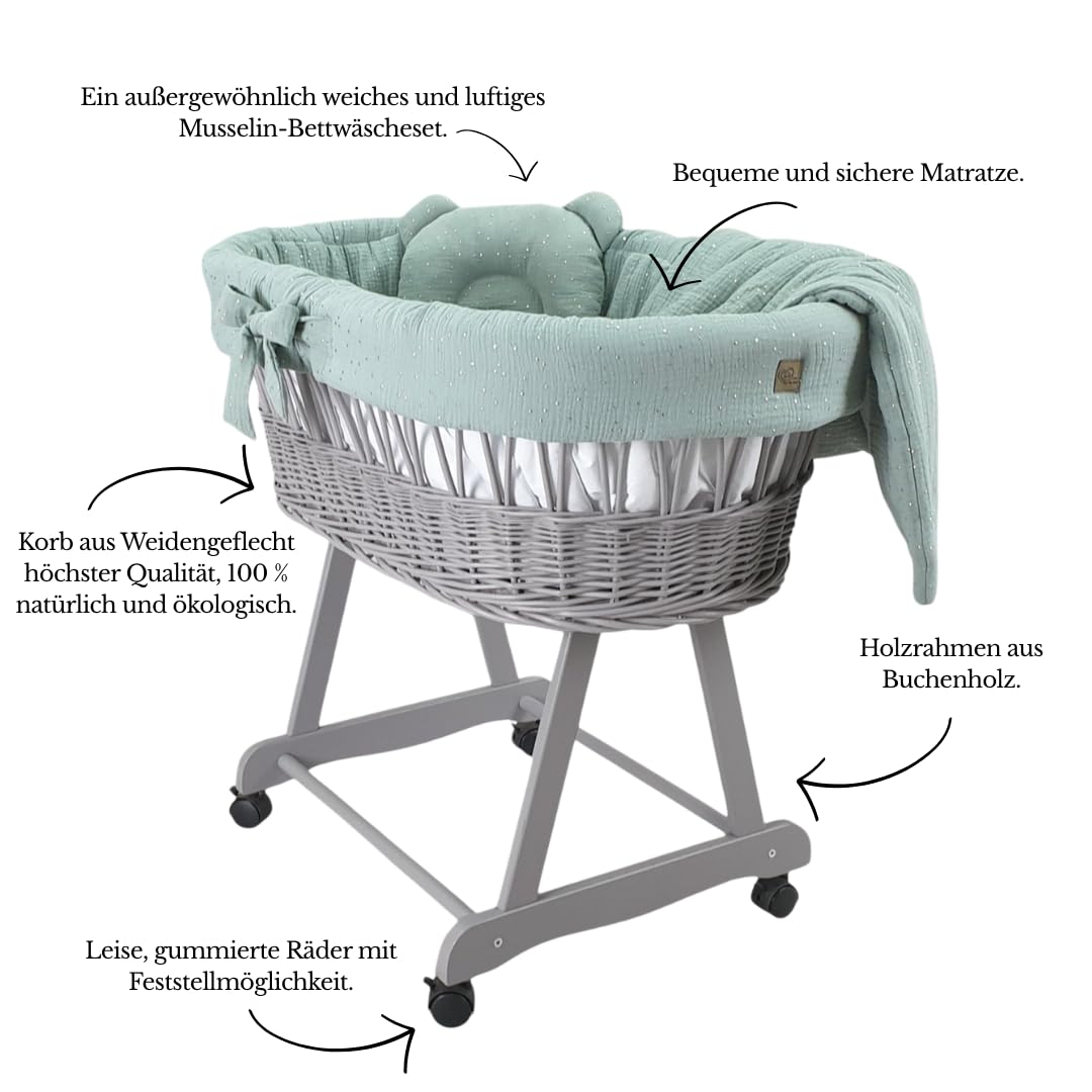 WIKLINOPOL Baby Stubenwagen – Komplettset mit Grauer Moseskorb, Matratze & Bettwäsche aus 100% Baumwolle in Khaki Gold– sicherer Schlafplatz mit Rollen & Bremse – Modell Amelia