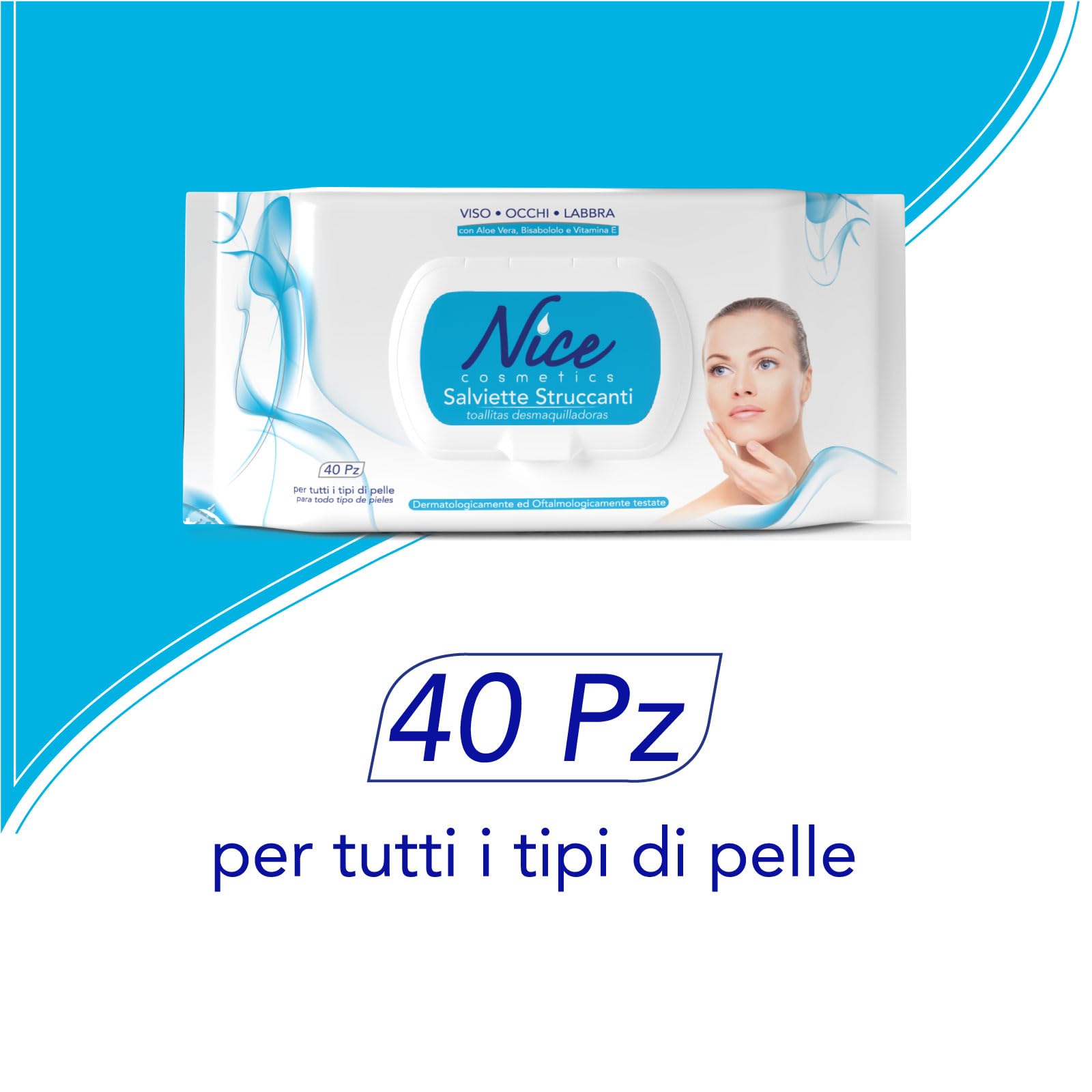 Nice Salviette Struccanti per Viso, Occhi e Labbra, con Aloe Vera, Bisabololo e Vitamina E, Dermatologicamente e Oftalmologicamente Testate, Confezione da 40 Salviette