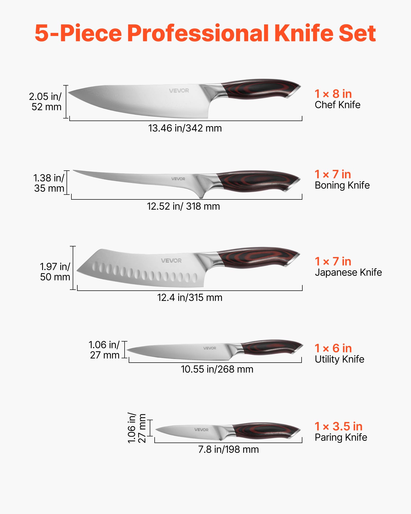 VEVOR Set di Coltelli da Cucina da 5 Pezzi, in Acciaio Inossidabile ad Alto Tenore di Carbonio, Coltello da Cucina con Impugnatura Ergonomica e Resistente alla Rottura per un Taglio Preciso